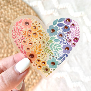 Clear Pride Rainbow Floral Heart Sticker 2.75x3in - Lulu Bella Boutique