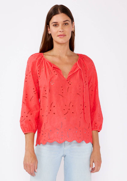 Raglan Long Sleeve Blouse with Floral Eyelet Details: Coral / M