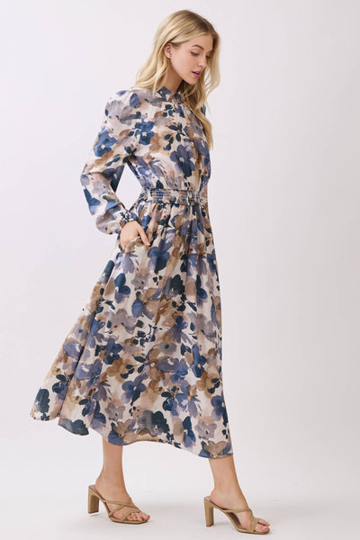 SMOCK NECK & WAIST RUFFLE MAXI FRONT SLIT DRESS: PURPLE BLUE