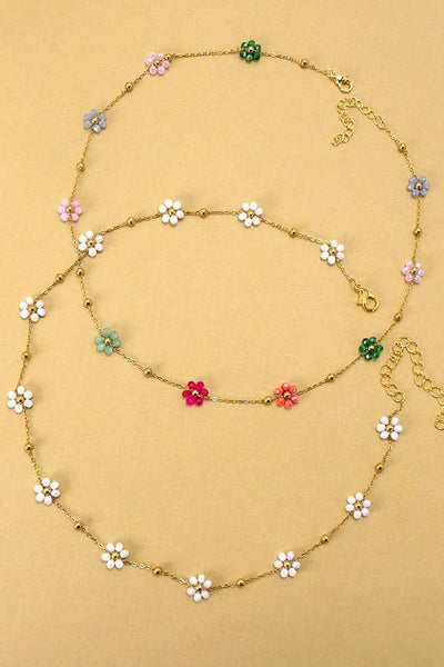 SUMMER MULTI BEADED FLOWER CHARM NECKLACE | 40NK308: White - Lulu Bella Boutique