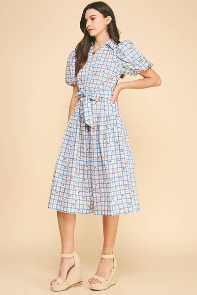 CHECKER WITH CHERRY PRINT MIDI DRESS -Blue / M - Lulu Bella Boutique