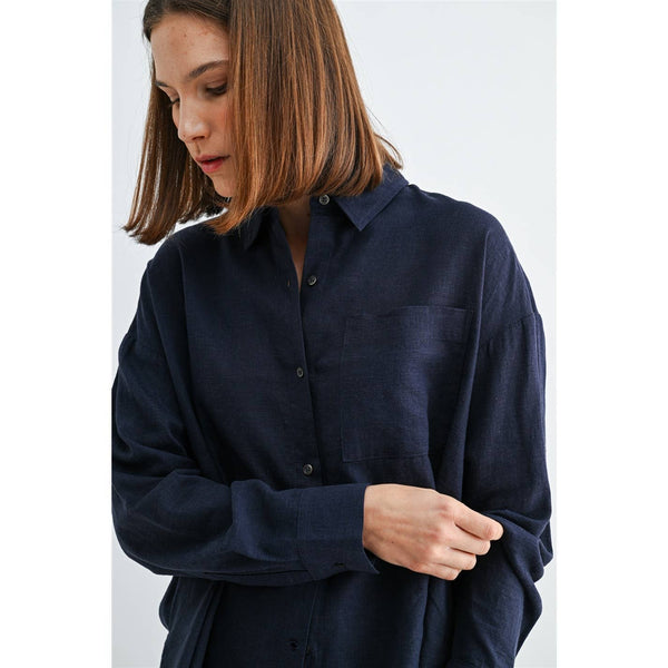 LINEN DROP SHOULDER SHIRT: Navy / S-M-L(2-2-2) - Lulu Bella Boutique