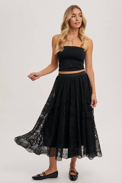 BOHO LACE MIDI SKIRT WITH LINING: Black