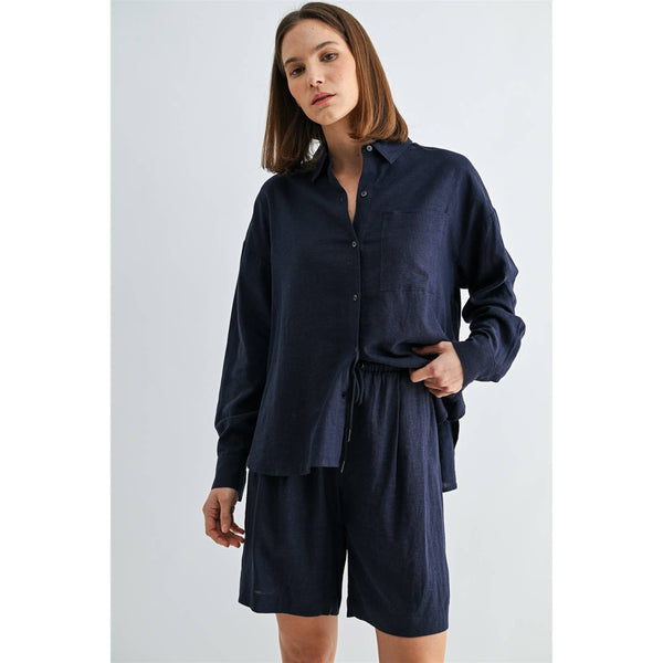 LINEN DROP SHOULDER SHIRT: Navy / S-M-L(2-2-2) - Lulu Bella Boutique
