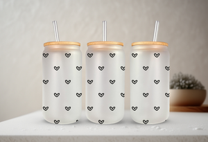 Tiny Hearts | 20 oz Glass Tumbler with Bamboo Lid & Straw: Black / Clear