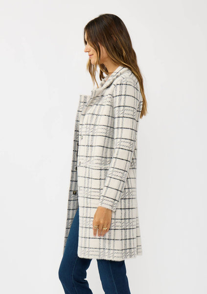 Plaid Notched Collar Button Front Cardigan: Cream/Black