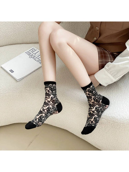 Vintage Floral Sheer Crew Socks: Black