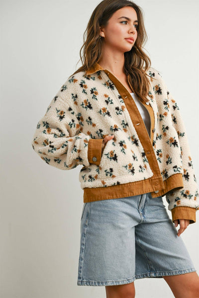 Floral Sherpa Fleece Snap Jacket with Twill Trim: CREAM / CAMEL
