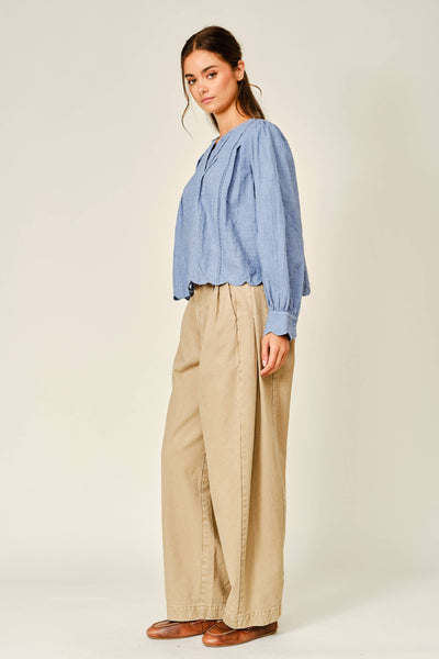SCALLOP LACE DETAIL A LINE BLOUSE: DENIM BLUE
