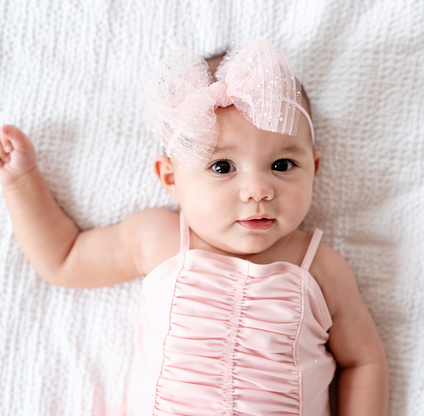 Baby Bling® Tulle FAB® Skinny nylon headband with tulle bow: Pleated Coral - Lulu Bella Boutique