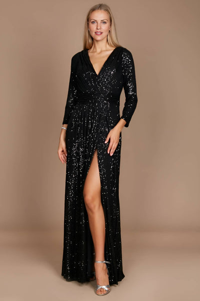 Long Sleeve Sequin Formal Hand Beaded Dress : Navy / 8 - Lulu Bella Boutique