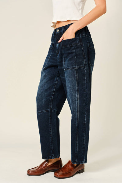 DARK WASHED BARREL JEANS: NAVY