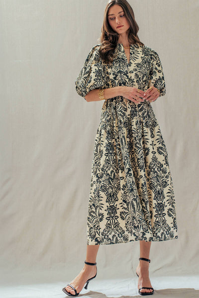 Botanical Puff Sleeve Cotton Midi Dress: IVORY BLACK / S-M-L:2-2-2 - Lulu Bella Boutique