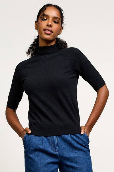 Mock Neck Half Sleeve Knit Top: Black