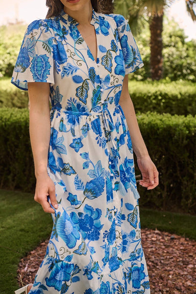 Samian Floral Kissa Button Down Maxi Dress: WHITE-BLUE-GREEN / XL