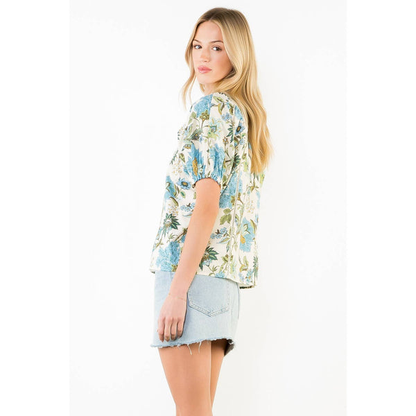 Short Sleeve Floral Lace Trim Top: CREAM / XS-S-M-L(1-2-2-1) - Lulu Bella Boutique