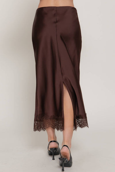 Mid-rise Lace Trim Satin Midi Skirt: BROWN