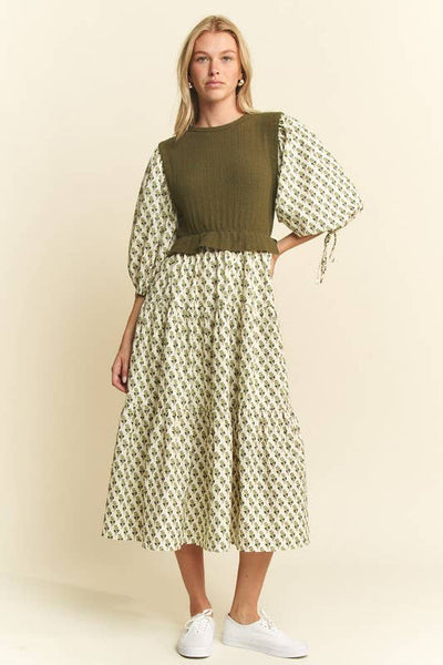 Floral Print Mixed Media Tiered Midi Dress : Olive / S - Lulu Bella Boutique
