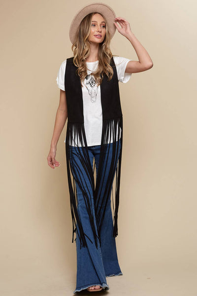 Black Long Fringe Faux Suede Vest - Lulu Bella Boutique