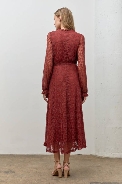 LONG SLEEVE LACE LONG MIDI DRESS: RED BROWN