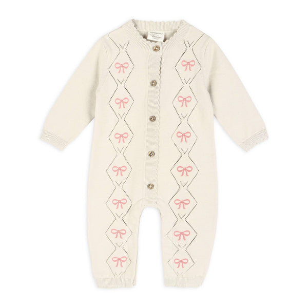 Evie Bow Pointelle Knit Baby Jumpsuit (Organic Cotton): Ecru