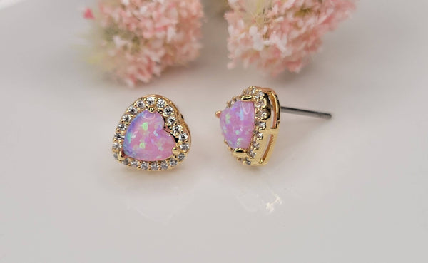 HEART SHAPE SEMI PRECIOUS STONE POST EARRINGS.: PINK OPAL - Lulu Bella Boutique