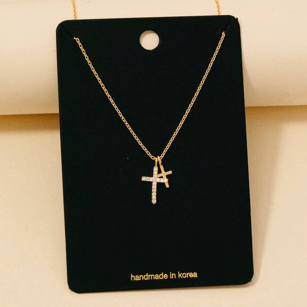 Cz Pave Double Cross Pendant Necklace: G - Lulu Bella Boutique