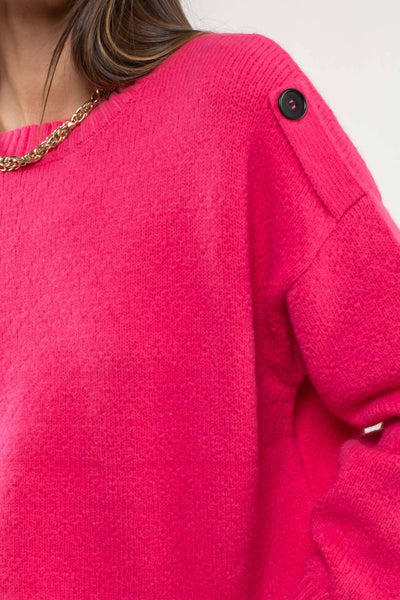 BUTTON TAB SHOULDER PULLOVER SWEATER: FUCHSIA