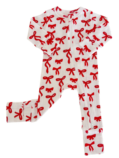 Red Bows / Organic Pointelle 2-Way Zip Romper: 3 - 6 mo.