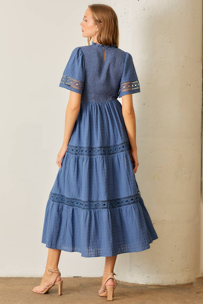 Smocked Bodice Maxi Dress W/ Lace Trim - Lulu Bella Boutique