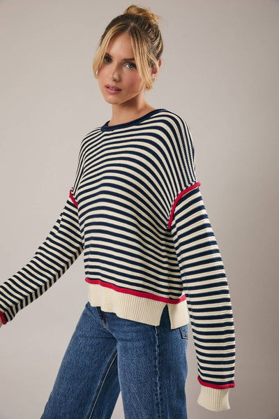 ROLL UP NECK LONG SLEEVE STRIPE SWEATER TOP: CREAM-NAVY STRIPE