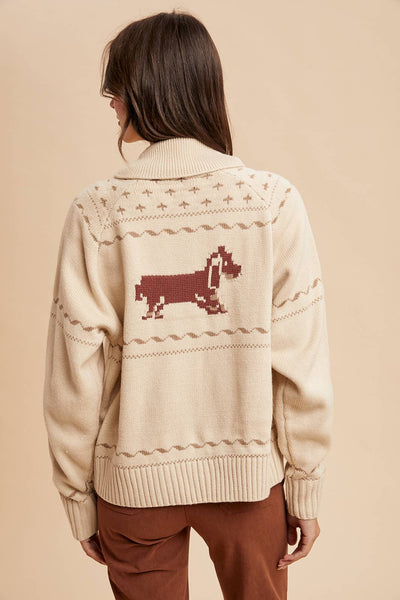 DACHSHUND ZIP UP CARDIGAN: OATMEAL CREME / L - Lulu Bella Boutique