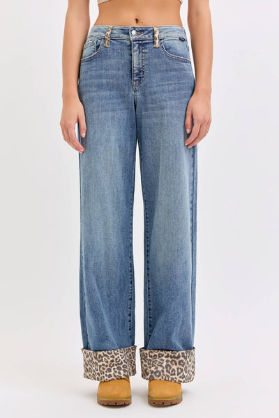 Mid Rise Wide Leg with Leopard Cuff