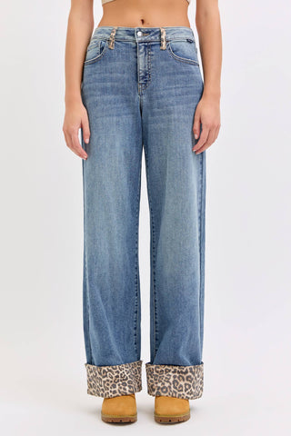 Mid Rise Wide Leg with Leopard Cuff