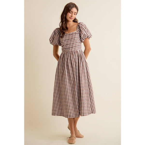 GINGHAM LACE TRIM PUFF SLEEVES LINED MIDI DRESS: BROWN / S - Lulu Bella Boutique