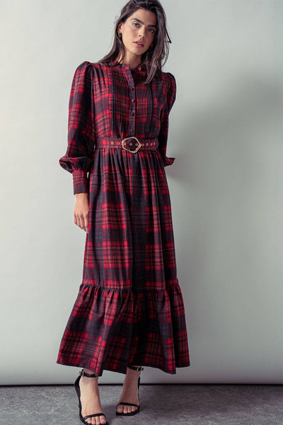Plaid Belted Layered Button Down Balloon Sleeve Maxi Dress - Lulu Bella Boutique
