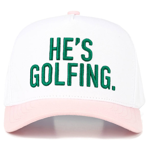 C.C HE'S GOLFING Letter Embroidered on Two Tone Trucker Hat: Light Pink - Lulu Bella Boutique