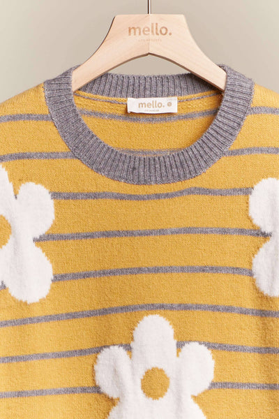 Daisy Patched Striped Sweater: Mustard / S