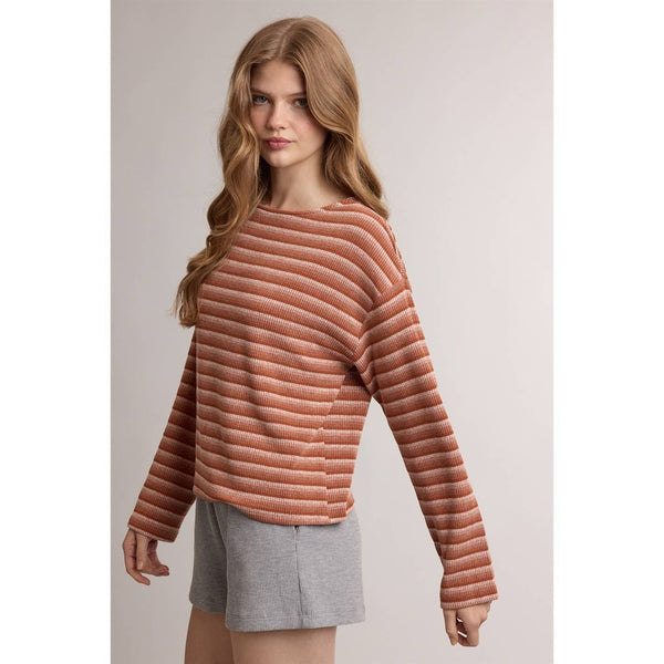 GRADIENT STRIPE RIB KNIT LONG SLEEVE TOP: RUST MULTI