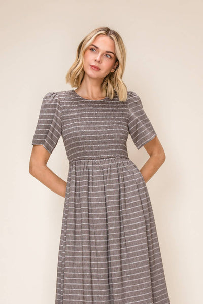 Striped Smocked Midi Dress: Shadow Grey / S - Lulu Bella Boutique