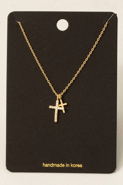 Cz Pave Double Cross Pendant Necklace: S - Lulu Bella Boutique