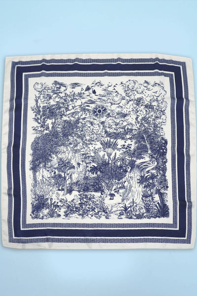 LARGE FLORAL TOILE PRINT BANDANA SCARF: NAVY