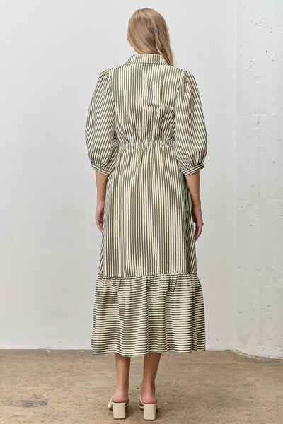 STRIPED CONTRAST SIDE RIBBON MIDI DRESS: OLIVE/CREAM - Lulu Bella Boutique
