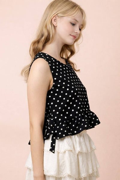 NT12128-Side Tie Detail Ruffled Top: BLACK DOT / S-M-L/2-2-2 - Lulu Bella Boutique
