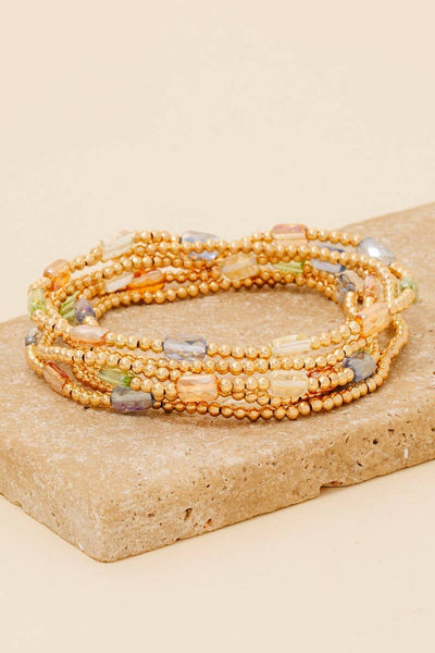 Faceted Glass Charms Metallic Beaded Bracelet Set: PINK - Lulu Bella Boutique