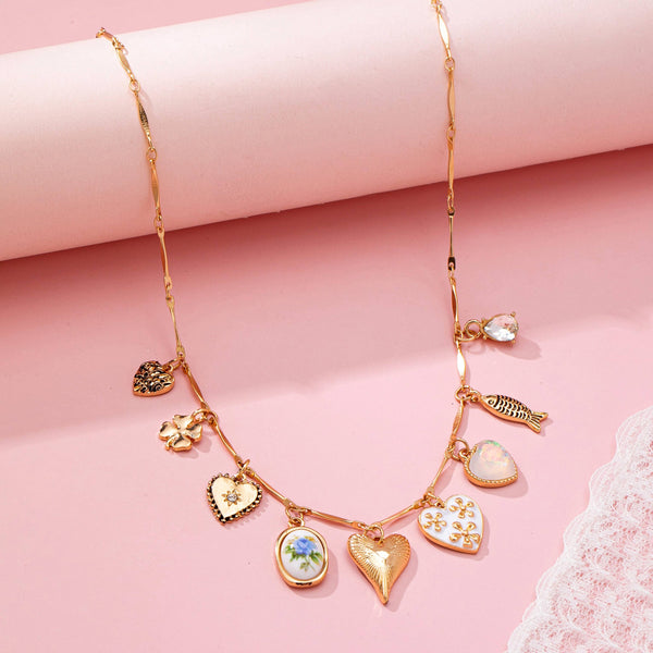 CHARM NECKLACE-HEARTS PORCELAIN FISH RHINESTONE | 80N92690: GOLD - Lulu Bella Boutique