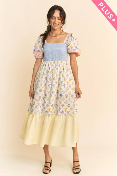 PLUS FLORAL BOUQUET PUFF SLEEVE TIERED DRESS: PASTEL YELLOW MULTI / 2XL - Lulu Bella Boutique