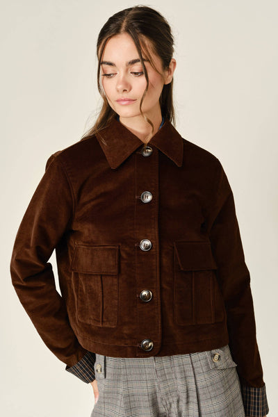 OXFORD CORDUROY BUTTON PLAID JACKET: BROWN