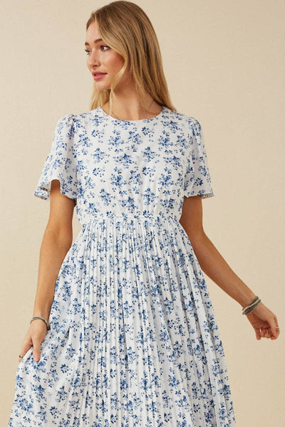 Womens Ditsy Floral Pleated Skirt Dress: Blue - Lulu Bella Boutique