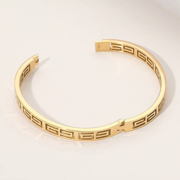 Stainless Steel Geometric Cutout Hinged Bangle Bracelet: Yellow Gold - Lulu Bella Boutique